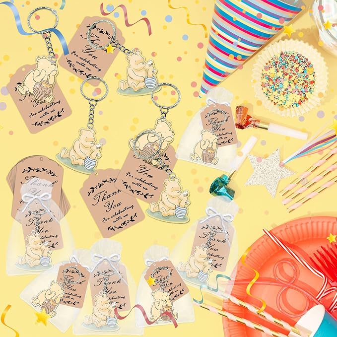 Winnie Baby Shower Decorations, 72 Pcs Winnie Party Favors, 24 Keychains, 24 Tags, 24 Gift Bags for Winnie Themed Baby Shower