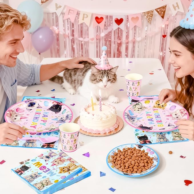 Cats Happy Birthday Party Plates Set, 144PCS Cats Themed Paper Plates Napkins Cups Knives Forks, 24 Set Blue Pink Disposable Tableware Set for Birthday Party Supplies