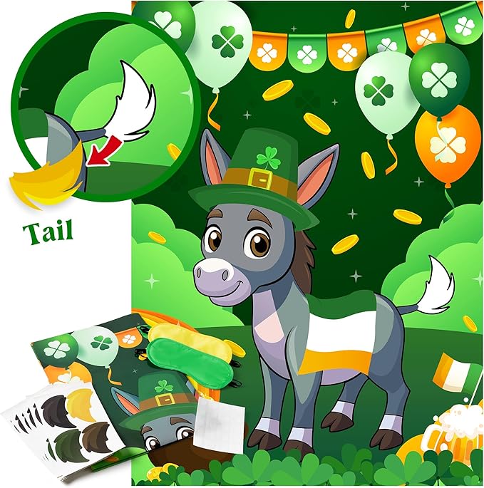 St. Patrick’s Day Pin the Tail On the Donkey Game Large Poster with 24 Pcs Stickers Blindfolds Fun Classroom Activity for Irish St. Patrick’s Day Carnival Birthday Party Decorations Wall Decor