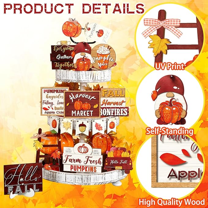 14 Pcs Thanksgiving Tiered Tray Decorations Set Rustic Fall Thanksgiving Pumpkin Tiered Tray Decor Farmhouse Pumpkin Truck Spice Blocks Autumn Winter Wooden Sign for Christmas Halloween