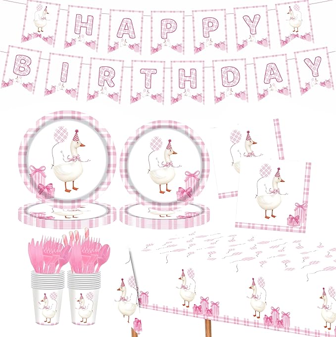 194 Pcs One Silly Goose Birthday Decor for 24 Guests - Pink Theme Party Supplies with Plates Napkins Cutlery Tablecloth and Banner, All-in-One Disposable Party Kit for Girls' Birthday