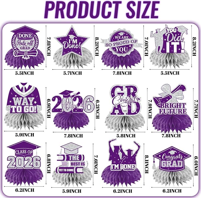 12pcs Graduation Table Decorations 2026, Purple Graduation Decorations 2026 Purple and Silver Graduation Centerpieces for Tables,Class of 2026 Centerpieces Honeycomb for Congrats Grad Table Decor