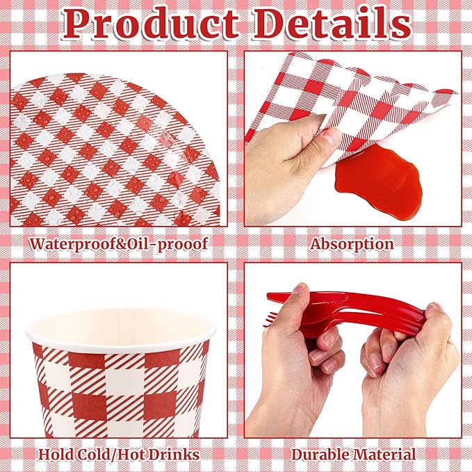 175 Pcs Gingham Party Supplies Include Red Gingham Plates and Napkins Cups Plastic Cutlery Disposable Red Checkered Plates Set for Picnic, Pizza, Bbq, Hot Dog Party Decorations