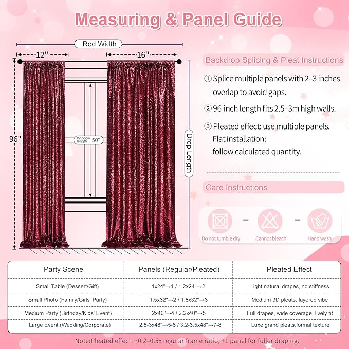 Glitter Sequin Backdrop 2 Panels 3x8FT Burgundy Red Wedding Photo Background Curtains for Birthday Party Decorations