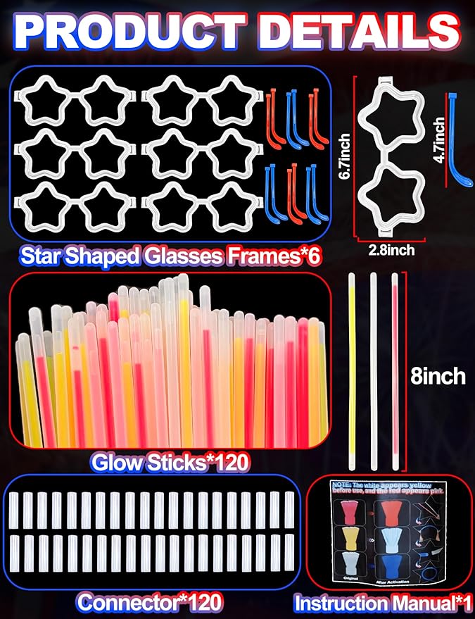 126 PCS 4th of July Glow Sticks Bracelets Necklaces with Connectors, 6 Red White Blue Glasses Glow in The Dark Party Supplies, Light Up Party Favors for Kids Adults, 250th Anniversary USA Accessories