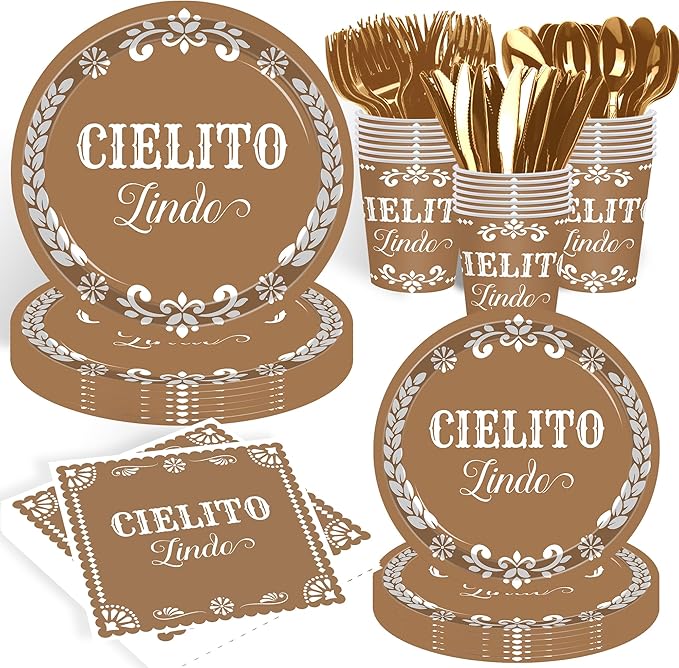 140 pcs Cielito Lindo Baby Shower Tableware, Mexican Theme White Talavera Baby Girl Shower Party Decoration Paper Plates Napkins Forks Serves 20