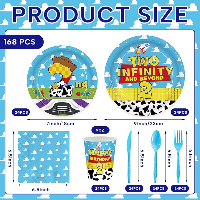 168Pcs Cartoon Story 2nd Birthday Paper Plates Napkins Disposable Tableware Set Two Years Old Birthday Party Supplies for Boys Birthday Party Serve 24 Guests