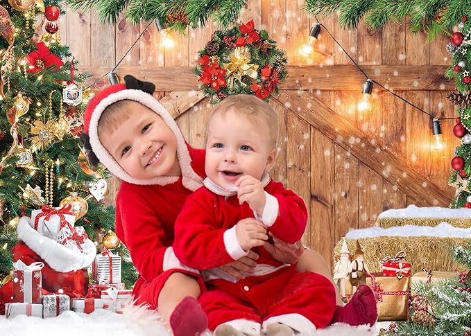 CYLYH 12x10FT Christmas Barn Wood Door Photography Backdrop Xmas Tree Snow Gift Wall Floor Party Photo Background for Holiday New Year Party Banner Family Holiday Party Supplies D554