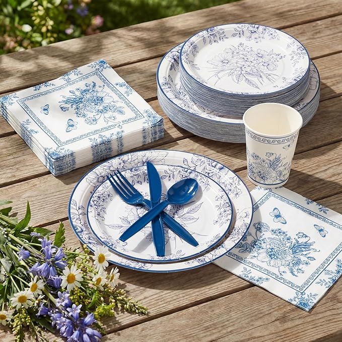 352 Pcs Blue Floral Disposable Tableware Set Vintage Flower Party Supplies Set for 50 Guests Tea Party Disposable Dinnerware Includes Plates Napkins Cups Cutlery for Wedding Bridal Shower