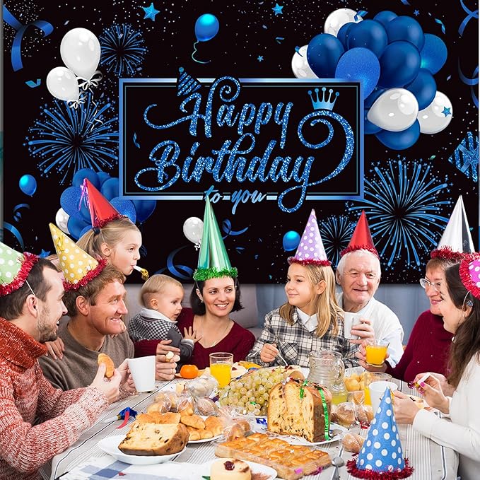 Blulu Happy Birthday Backdrop Banner Sign Poster Large Fabric Glitter Balloon Fireworks Sign Photo Backdrop Background for Birthday Party Decoration Supplies, 72.8 x 43.3in (Blue)