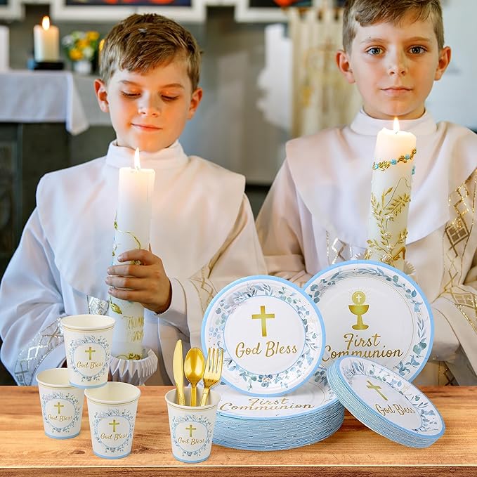 Kochorie 400 Pieces Blue First Communion Decorations, Disposable First Holy Communion Party Tableware Set with Plates Cups Napkins Cutlery Serves 50 for Baby Shower God Bless Baptism Party Supplies