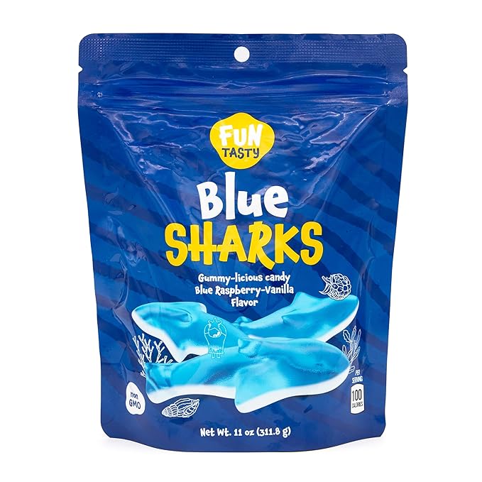 Gummy Sharks - 11 Ounce Bag - Blue Shark Gummies - Raspberry Marshmallow Flavor - Blue Candy for Goodie Bags, Gifting, Snacking and Dessert Decorating