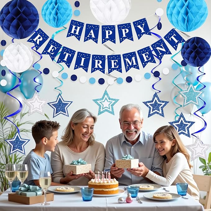 Happy Retirement Party Decorations for Men Women Blue Silver Happy Retirement Banner Honeycomb Balls Pentagram Hanging Swirl Streamers Circle Dots Garland