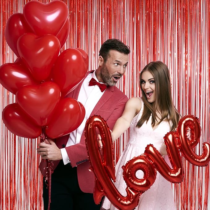 Red Tinsel Curtain Backdrop for Party Decorations - Sparkle Foil Tinsel Fringe Curtains Photo Backdrop Booth (3.2ft x 8ft, 2 Packs)