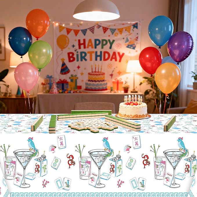 K1tpde Mahjong Party Tablecloth Decoration - 3PCS Cocktail Themed White and Blue Plastic Tablecloth, Disposable Cocktail Tablecover for Adult, Mahjong Party Supplies for Birthday Bachelorette Decor