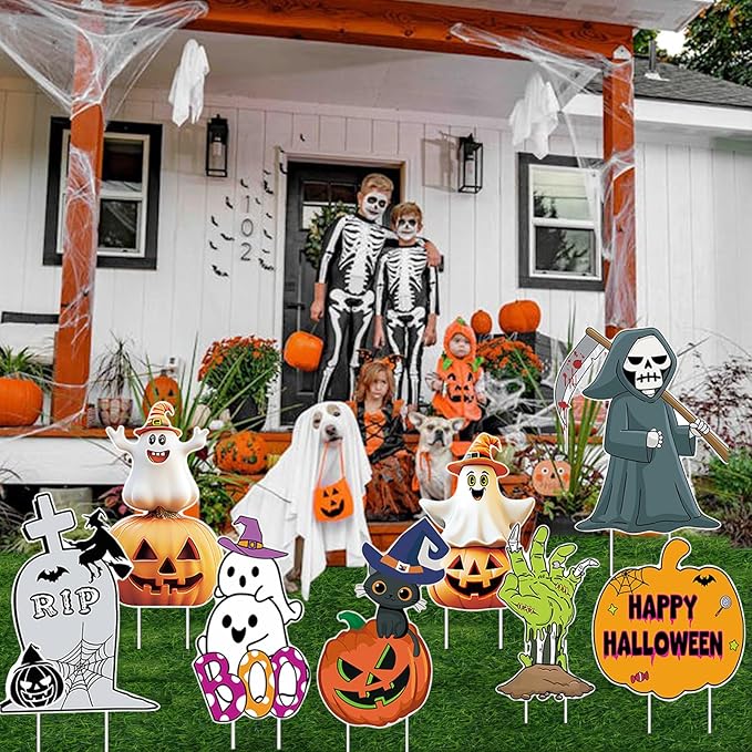 8 PCS Cute Halloween Decorations Outdoor Yard Signs,Large Yard Stakes Signs Pumpkin Ghost,Tombstone, Skeleton, Hand, Halloween Lawn Decoration for Family Friendly Kids Home Party