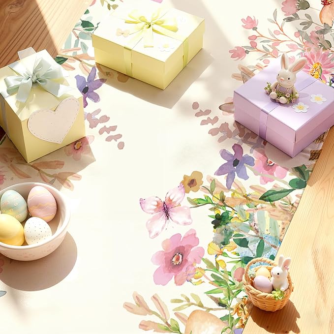 OHOME Easter Decorations - Egg Rabbit Table Runner | Easter Party Decorations Favors Supplies Indoor Outdoor - Spring Backdrop Banner Basket Stuffers for Kitchen Home Dining Table Decor
