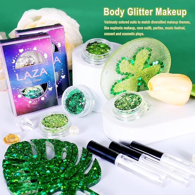 Laza 2 Jars St. Patrick’s Day Body Glitter Iridescent Chunky Sequins with Glitter Glue Women Eyeshadow Makeup Face Paint Festival Rave Outfits Hair Accessories Carnival Brat Party Costumes-Lime Summer
