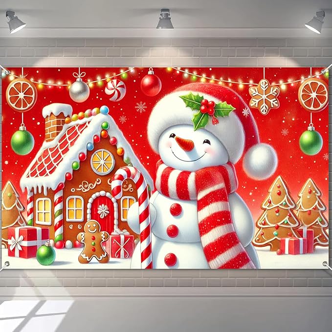 Christmas Snowman Gingerbread House Banner 70.9 x 43.3 Inch Red Holiday Backdrop with Candy Canes and Presents for Kids Xmas Party Decoration Indoor Outdoor