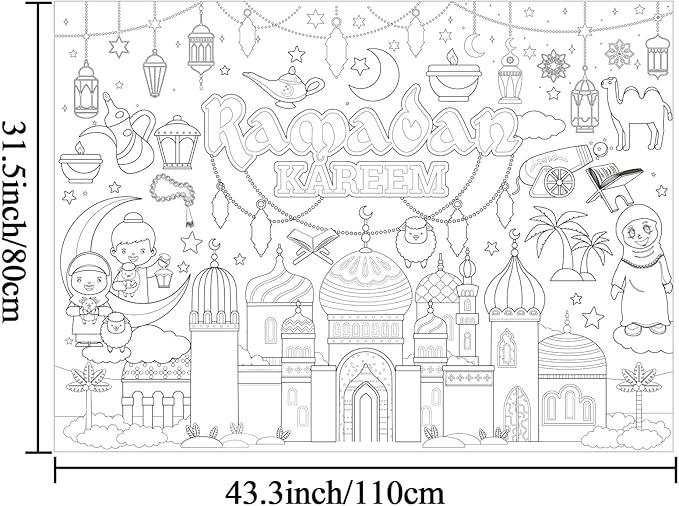 ZOIIWA Ramadan Mubarak Coloring Poster for Eid Giant Coloring Poster Large Ramadan Kareem Coloring Tablecloth Jumbo Coloring Book for Classroom Home Birthday Party Supplies Favor 31.4 x 43.3 Inch