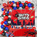 Red Theme Borthday Party Decorations Kit -Red Blue Black Latex Balloons Arch Garland with Web Backdrop for Boys Girls Kids