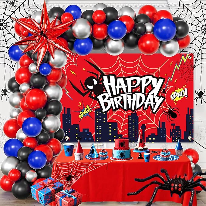 Red Theme Borthday Party Decorations Kit -Red Blue Black Latex Balloons Arch Garland with Web Backdrop for Boys Girls Kids