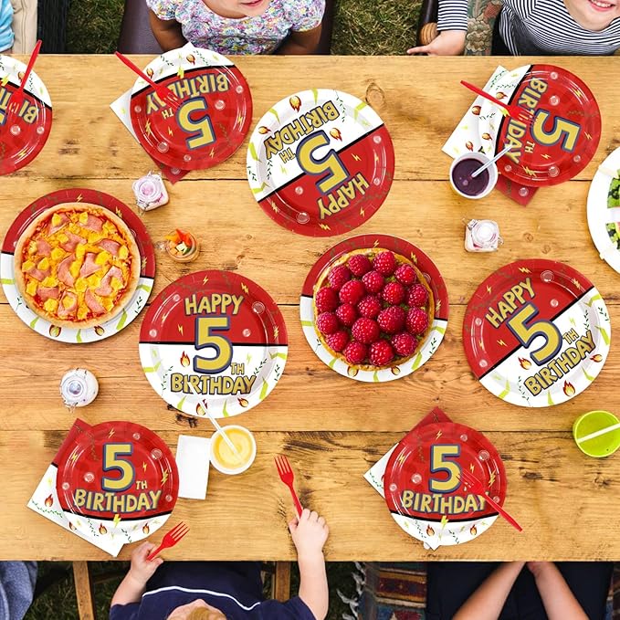 Grencian 96Pcs 5th Cartoon Happy Birthday Party Supplies Red and White Paper Plates and Napkins Tableware Sets Large Anime Themed Decoration for Birthday Cartoon Kids Children Party Serves 24