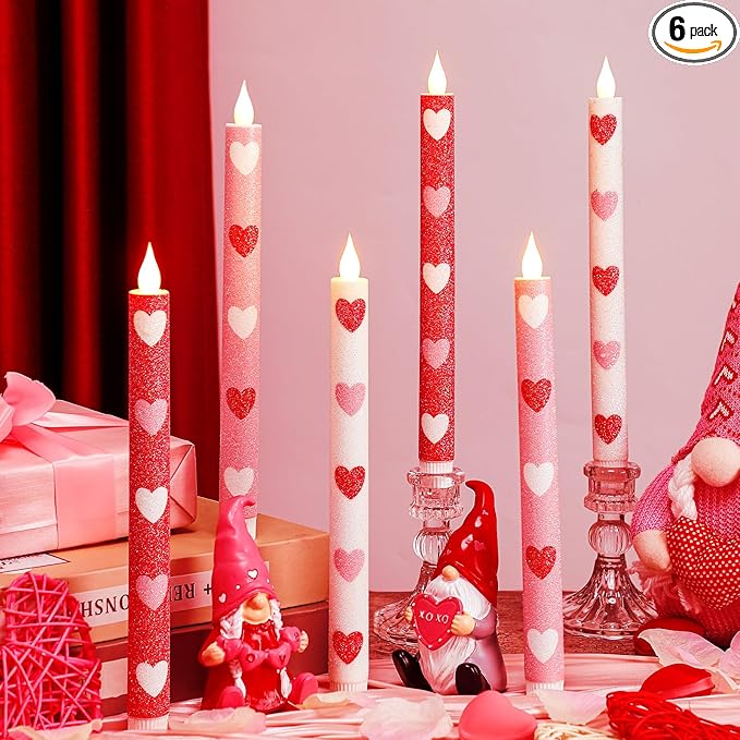 Honoson 6 Pcs Heart Glitter Flameless Taper Candles 10.6 Inch Valentines Day Candles Battery Operated LED Candlesticks for Valenties Wedding Bridal Birthday Baby Shower Party Dinner Table Home Decor
