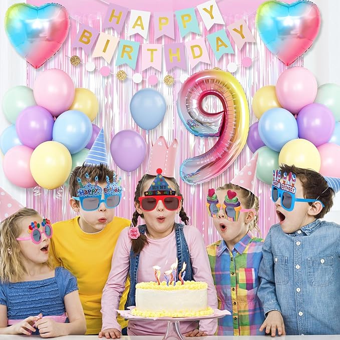 9th Birthday Decorations Rainbow,Gradient Number 9 Balloon,Pastel Happy Birthday Banner Fringe Curtain Heart Foil Balloons Boys Girls 9 Year Old Decor