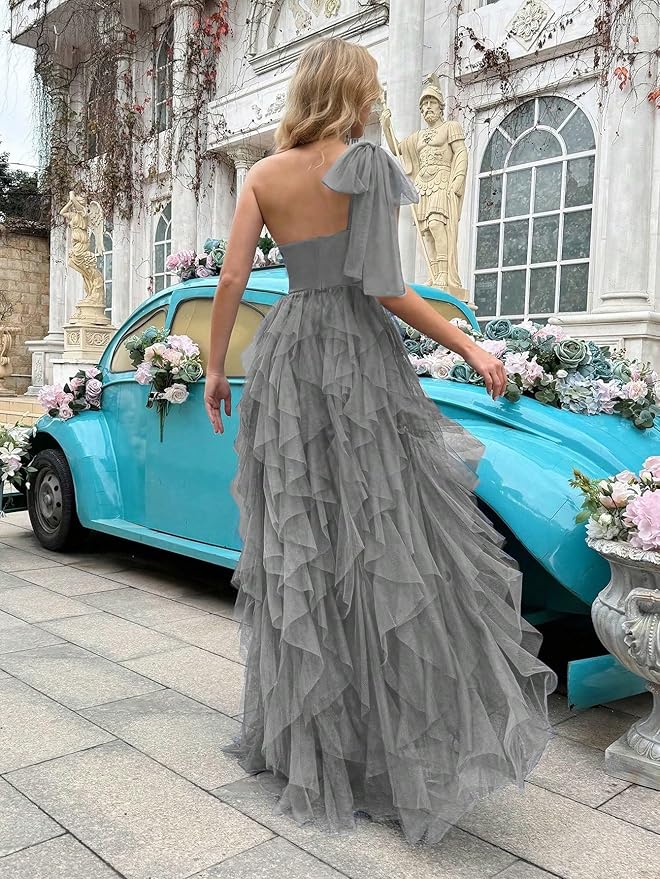 Summer Women Tulle Prom Dress Elegant Bow One Shoulder Slit Evening Party Gown Wedding Guest Bridesmaid Maxi Dress