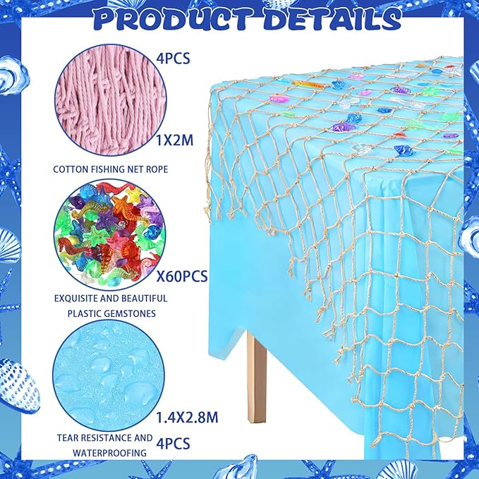 8 Pcs Fish Net Decorative Tablecloth Set, Ocean Waves Plastic Tablecloths with Cotton Fish Net Set for Nautical Themed Birthday Pirate Mermaid Party Decorations