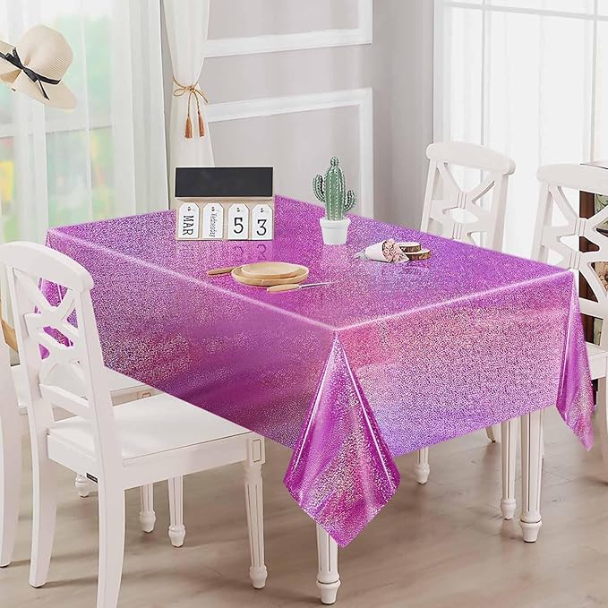 2 Pack Hot Pink Iridescent Plastic Tablecloth Disposable 54 × 108 Inch Glitter Holographic Foil Table Cloth Plastic Laser Rectangle Table Cover for Birthday Wedding Disco Party