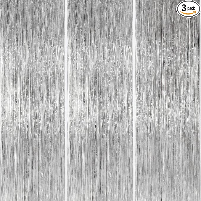 PartyWoo Silver Streamers 3pcs Tinsel Backdrop 8.2FT Metallic Tinsel Foil Fringe Streamer Curtains Party Photo Booth Backdrop for Graduation Baby Shower Bachelorette Wedding Disco Party Decorations
