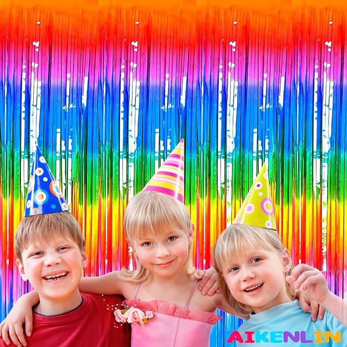 4 Pack 3.3Ft x 6.6Ft Rainbow Foil Fringe Curtain Backdrop, Colorful Metallic Tinsel Foil Fringe Streamers Curtains Background for Photo Booth, Birthday, Wedding, Halloween, Christmas Party Decoration