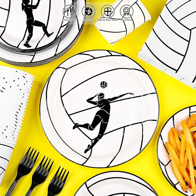 durony 144 Pieces Volleyball Paper Plates and Napkins Dinnerware Set Volleyball Birthday Party Tableware Supplies Includes Paper Plates Napkins Forks Serve 24 for Sports Party Supplies