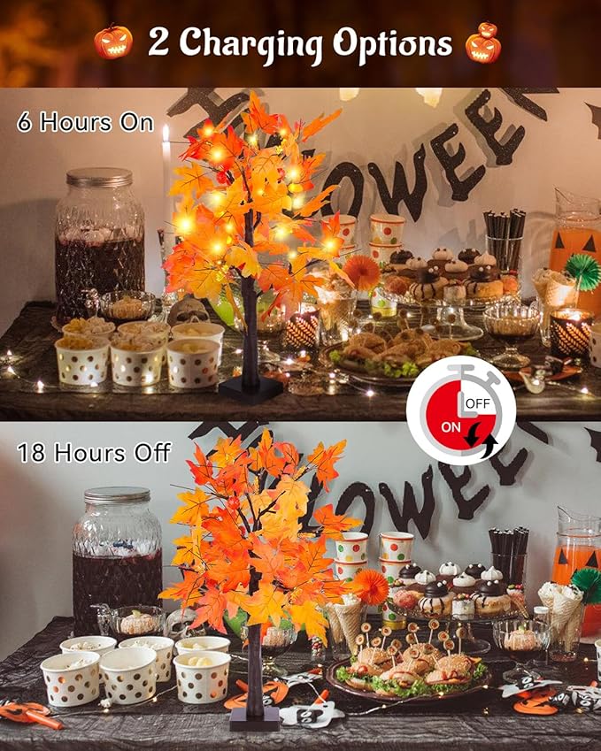 Fall Maple Tree Light 2 Pack, Fall Decorations USB & Battery Operated Light Up Artificial Pumpkins Maple Acorn Tree for Fall Halloween Thanksgiving Table Harvest Home Indoor Decoration