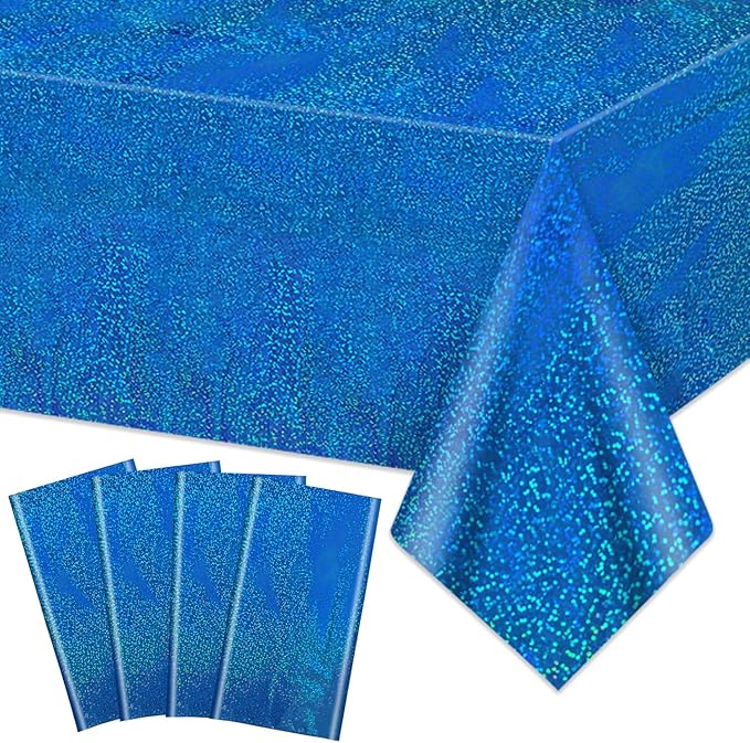 4Pcs Blue Holographic Tablecloths Rectangular Blue Iridescent Tablecloth Shimmer Metallic Table Covers for Baby Shower Birthday Wedding Ocean Theme, 54x108Inch