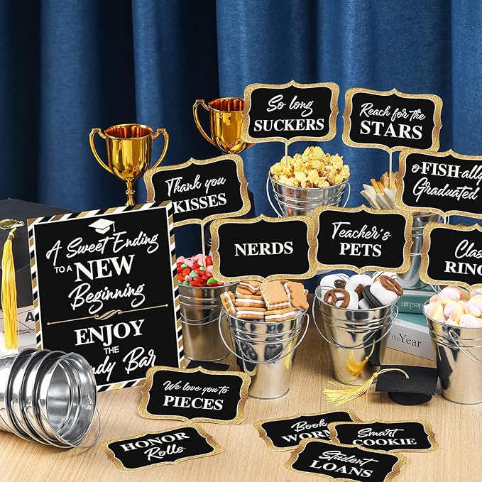 12 Set 2026 Graduation Candy Buffet Party Decoration Graduation Table Candy Bar Snack Labels Signs and 5'' Buckets with Handle for Class of 2026 Party Parties Supplies(Pure Style,Balck and Sliver)