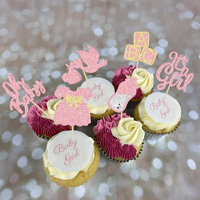24Pcs Baby Shower Oh Baby Cupcake Toppers with Bow Dress Bottle Swan Pink Glitter It's a Girl Cake Picks Decorations for Baby Shower Gender Reveal Girls Birthday Party Supplies