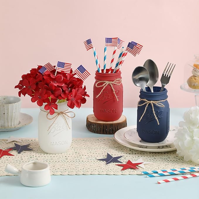 Patriotic Table Decorations, Memorial Day Decor, 250 Anniversary USA Patriotic Mason Jars with Mini American Flags, 4th of July Decorations, Red White and Blue Decor, Patriotic Themed Party Decoration