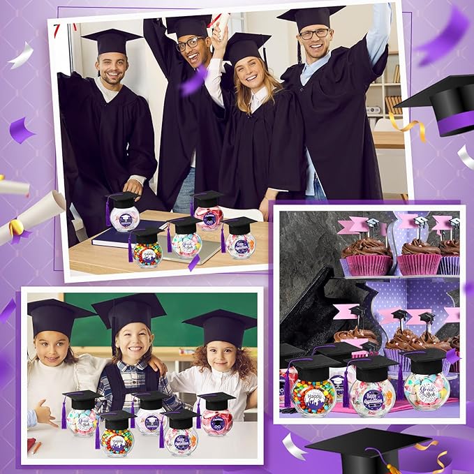 20 Sets Glass Graduation Cap Candy Jars Class of 2026 Graduation Party Decorations Candy Boxes Containers with Sticker for 2026 Grad Ceremony Party Supplies DIY(Purple)
