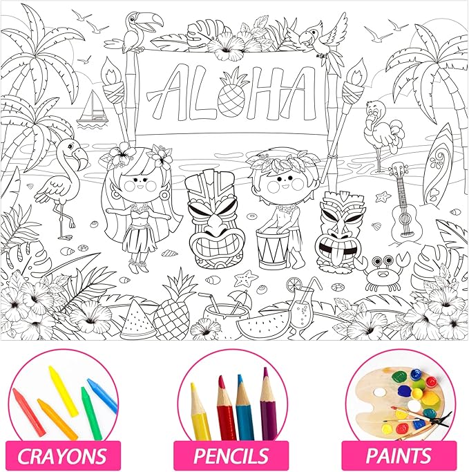 ZOIIWA Hawaiian Luau Coloring Poster for Giant Coloring Poster Large Aloha Tropical Coloring Tablecloth Jumbo Coloring Books for Home Birthday Party Supplies Favor 31.4 x 43.3 Inch