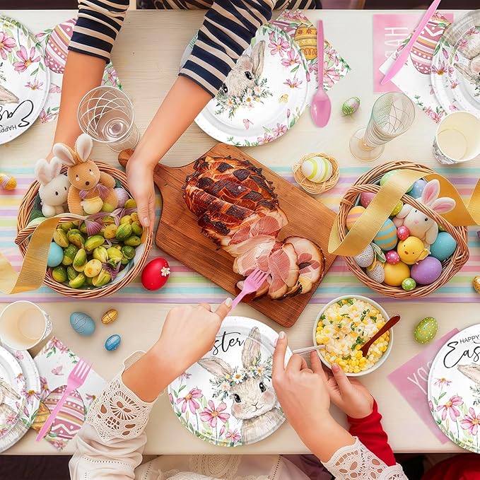 168PCS Easter Party Supplies Happy Easter Party Decorations Vintage Bunny Flower Paper Plates Napkins Cups Cute Rabbit Wlidflower Themed tableware for Spring Holiday Picnic Serve 24