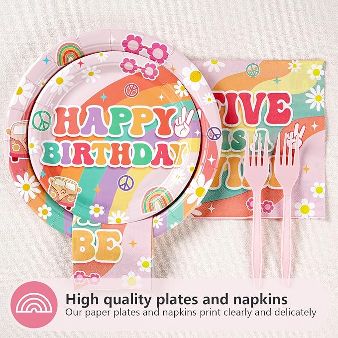 96Pcs Five is a Vibe Birthday Party Decorations Boho Groovy 5th Birthday Plates and Napkins Tableware Sets Rainbow Arch Retro Hippie Party Supplies for Girls 5 Years Old Party Serves 24