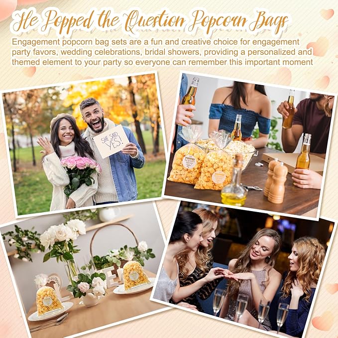 AIOMOB 100 Pack He Popped the Question Popcorn Bags Engagement Party Favors Decorations She Said Yes Sticker Clear Popcorn Favor Bags for Engagement Party Bridal Shower Wedding Supplies
