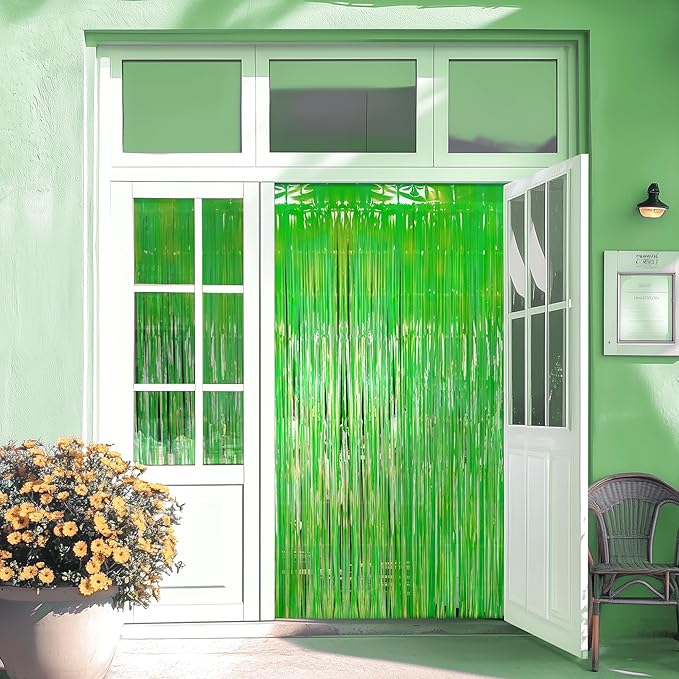 4 Pack Pink & Green Party Streamers Backdrop Curtains, 3.3x8.2ft Holographic Tinsel Foil Curtain Photo Booth Props for Birthday, Wedding, Holiday Celebration, Bachelorette, Theme Decorations