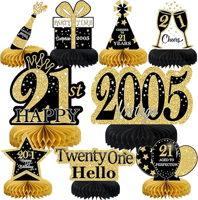 9Pcs Black Gold 21st Birthday Decorations Honeycomb Centerpieces for Girls,Happy 21st Birthday Centerpieces Tables Toppers Party Decorations Supplies,Vintage 2005 Aged Table Sign Decor