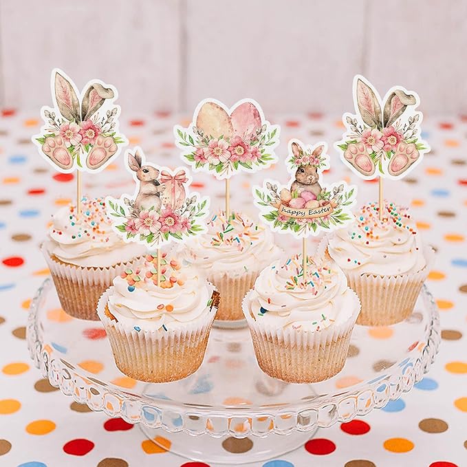 Ercadio 24Pcs Floral Easter Rabbit Bunny Ear Cupcake Toppers Rabbit Egg Happy Easter Cupcake Picks for Easter Day Spring Boys Girls Birthday Baby Shower Party Cake Cupcake Decors Supplies