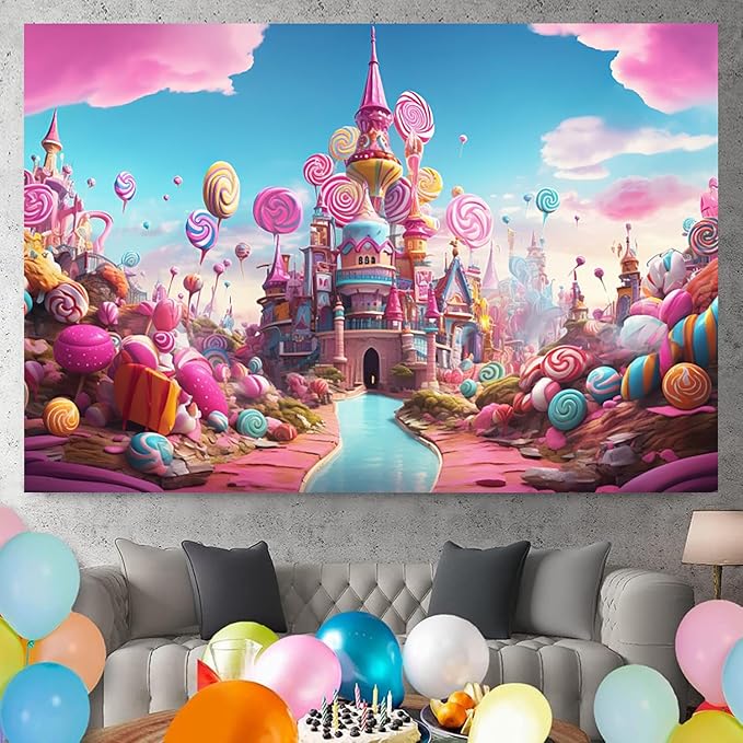 9x6ft Candyland Backdrop Fantasy Pink Castle Sweet Candy Photography Background Girls Birthday Candyland Theme Party Decorations Banner Photo Studio Props