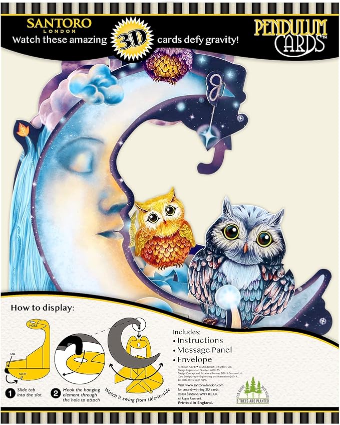 Santoro Pendulum, 3D Pop Up Greeting Card - Owls - Birthday Card for Him, for Her, for Kids, Birthday